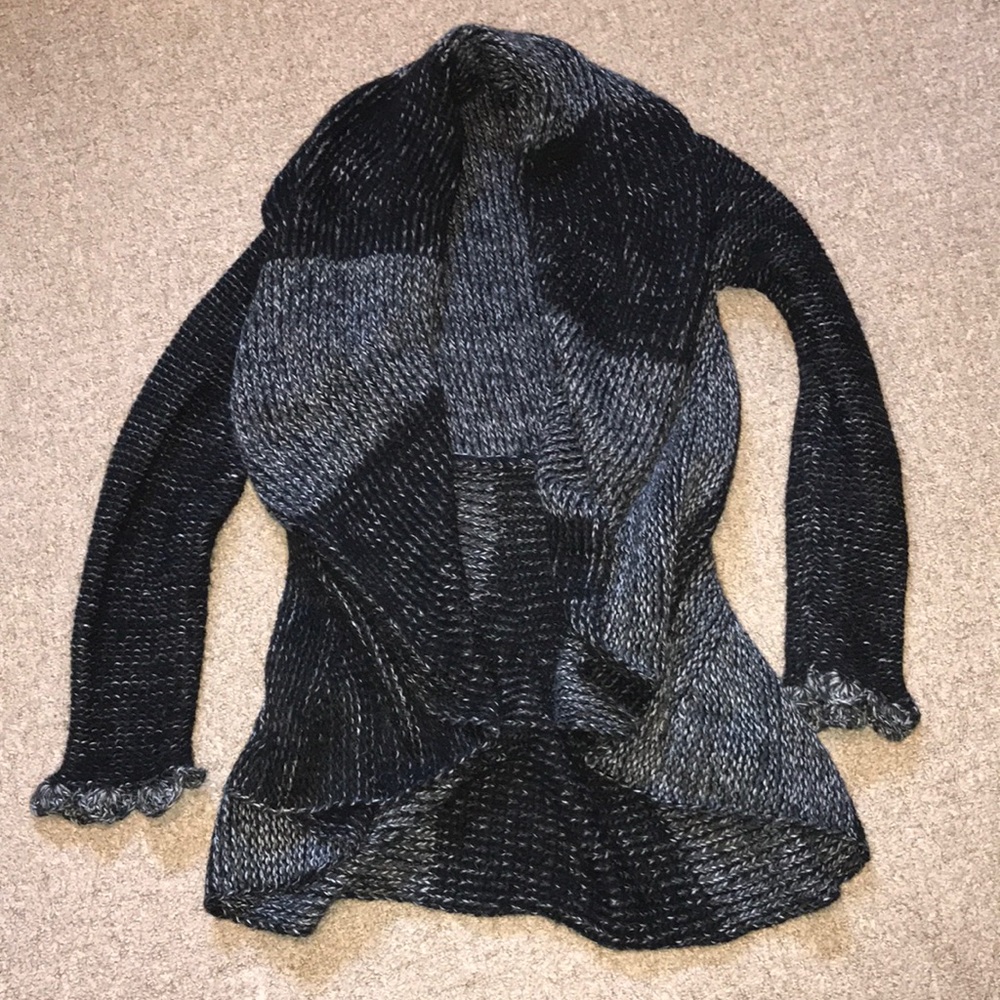 Black gray striped open cardigan alpaca sweater